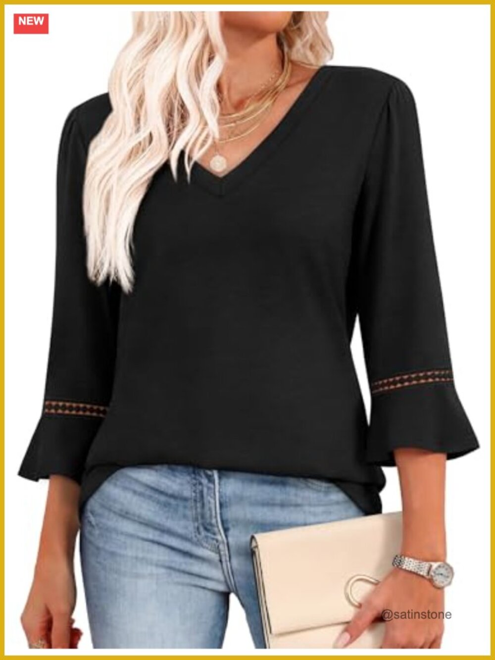 3/4 Sleeve V-Neck Blouse Tunic Lace Top Casual Dressy Spring Summer Vacation